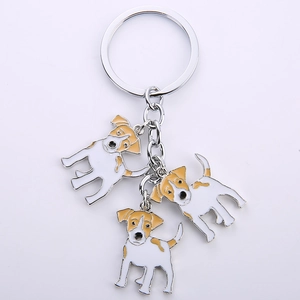 Detailed view of Jack Russell Terrier key ring with three enamel dog charms in silver