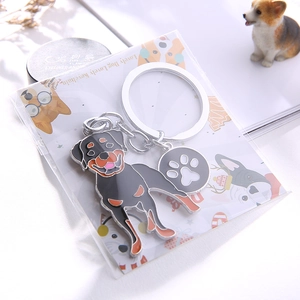 Rottweiler dog enamel keychain with metal ring and cute paw charm on decorative card
