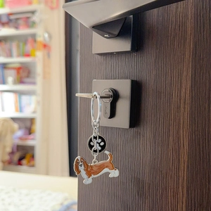 Détail d'un porte-clés Basset Hound en émail avec un médaillon patte sur une clé