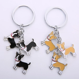 Chihuahua and Boston Terrier enamel dog keychain in black, white, and brown metal finish