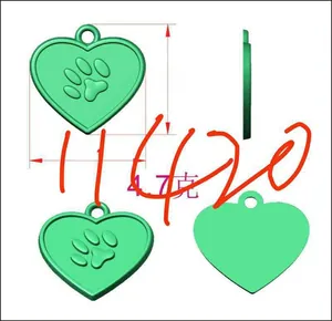Technical CAD drawing showing dimensions and weight of a heart dog tag with paw print