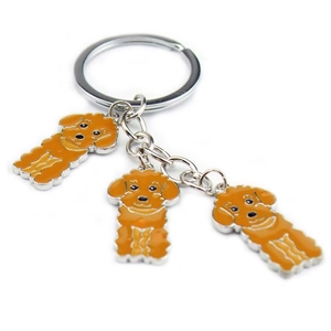 Cartoon poodle keychains with silver ring and three brown enamel teddy dog charms