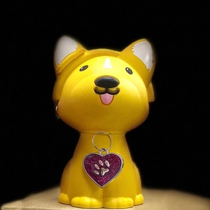 Zinc alloy pet ID tag with yellow cartoon dog shape and purple glitter heart paw pendant