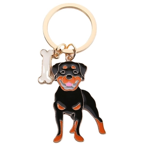 Creative Rottweiler metal keychain with enamel dog charm and bone pendant on gold ring