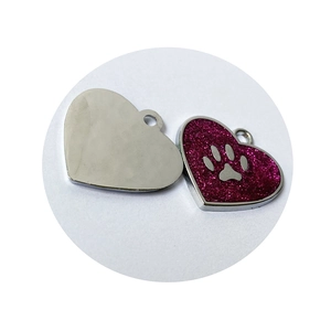 Glitter pink heart-shaped pet ID tag with silver paw print in durable zinc alloy