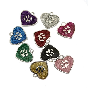 Zinc alloy glitter heart pet tags with silver paw print in nine various colors