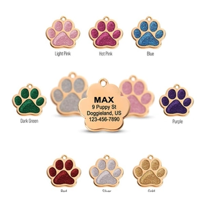 Custom gold zinc alloy pet ID tags with colorful paw prints and laser engraving