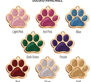 Zinc alloy pet tags in various glitter colors with paw prints and attachment rings
