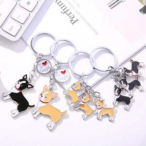 Cute Chihuahua dog enamel keychain with I love dogs charm and silver metal keyring