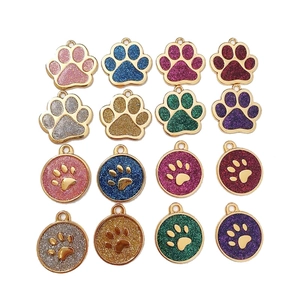 Colorful zinc alloy pet tags with glitter paw prints and round pendants for collars