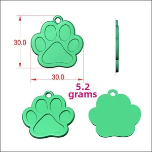 Green paw-shaped metal pet ID tag showing dimensions of 30.0mm and 5.2g weight