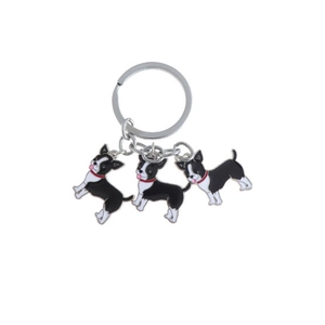 Creative Boston Terrier metal keychain with three cute black and white dog enamel pendants