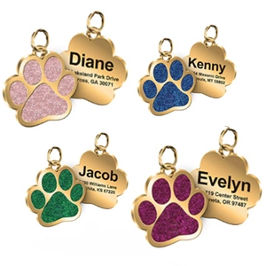 Custom gold zinc alloy paw print pet ID tags in pink blue green and purple glitter finish