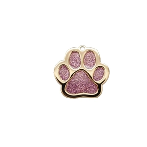 Golden zinc alloy pet ID tag with pink glitter paw print for custom engraving