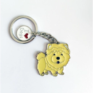 Cute yellow Chow Chow enamel keychain with silver stainless steel ring and I Love Dogs charm