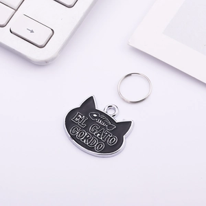 Fat cat shaped pet ID tag in black zinc alloy with fishbone pattern and ring