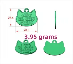 Detailed dimension layout of green fat cat shaped pet ID tag with fishbone engraving
