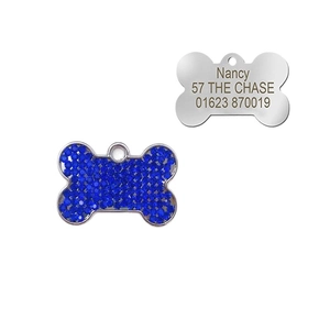 Bone-shaped pet ID tag with blue rhinestones and laser-engraved contact details