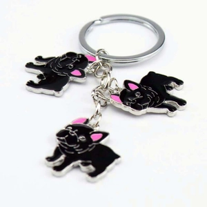Niedlicher schwarzer Französische Bulldogge Metall Schlüsselanhänger mit Emaille