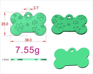 Technical drawing of green bone-shaped pet ID tag with paw prints and precise dimensions