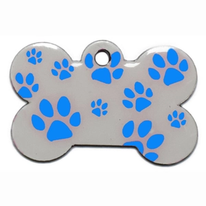 Polished silver bone-shaped pet tag featuring blue paw prints and a pre-drilled hole