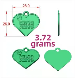 Detailed views of heart-shaped green pet ID tag with paw print and sizing dimensions