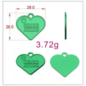 3D view of a heart-shaped teal metal pet ID tag with Mejor Amigo text and paw print