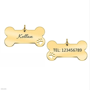 Custom bone-shaped stainless steel pet ID tag with hollow paw design and engraved contact info