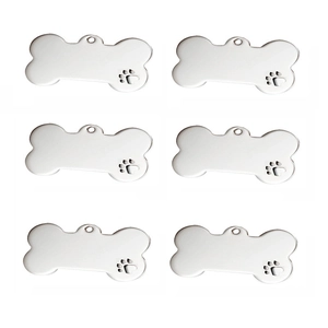 Set of six bone-shaped stainless steel pet ID tags with paw print cutout design