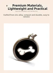 Detail of round zinc alloy pet tag featuring a white bone icon and a durable top ring