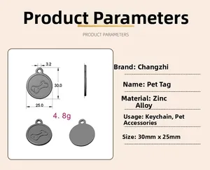 Macro detail of round stainless steel pet tag with bone relief and size measurements
