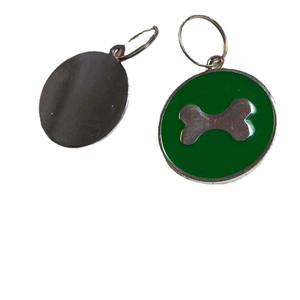Minimalist bone charm pet ID tags in dark green enamel and silver metal finish