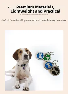Zinc alloy dog ID tag with bone pattern and footprints shown on a hunting dog collar
