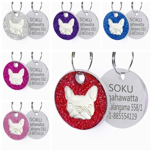 Médaillon d'Identification pour Animaux Bouledogue Français Rond en Métal Pailleté Étiquette pour Chien Pendentif de Collier Accessoires