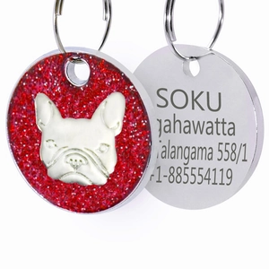 Médaille pour chien bouledogue français rouge pailleté avec gravure laser personnalisée
