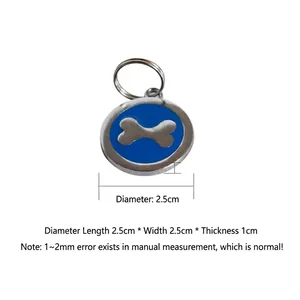 Blue enamel round pet ID tag with silver bone relief, zinc alloy finish, 2.5cm diameter