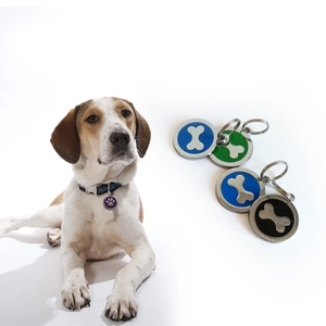 Zinc alloy pet ID tag with bone and paw prints design in multiple colors for dogs
