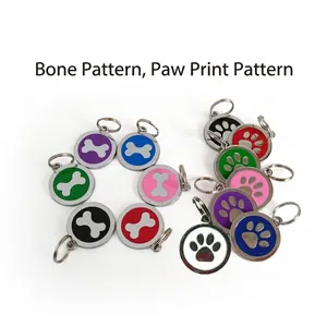 Colorful zinc alloy pet ID tags featuring bone and paw prints with metal rings