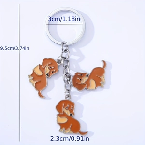 Creative dachshund metal keychain with three dog charms and silver ring pendant