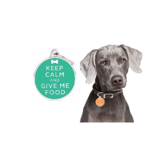Custom round metal pet ID tag with Keep Calm slogan and dog wearing orange collar