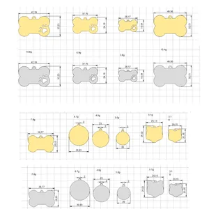 Size chart showing stainless steel bone, circle, and cat head dog tags with dimensions