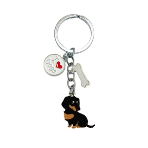 Metal dachshund keychain with I Love Dogs round tag and bone pendant on white background