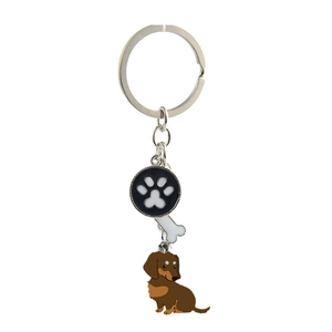 Metal dachshund keychain with silver bone and paw print charms for creative pet dog bag decor