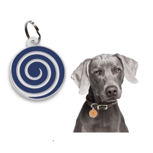 Médaille d'identification ronde pour animaux avec motif spirale bleue et anneau en acier