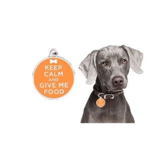 Custom orange metal pet ID tag with bone icon and funny slogan for dogs and cats