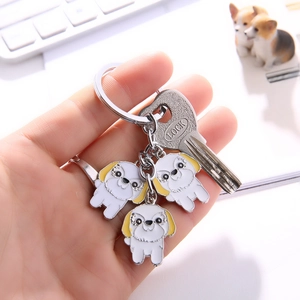 Gros plan d'un porte-clés chien mignon avec breloques en émail et une clé métallique en main