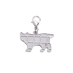 Silver cat shaped metal keychain with grid texture and lobster clasp on white background