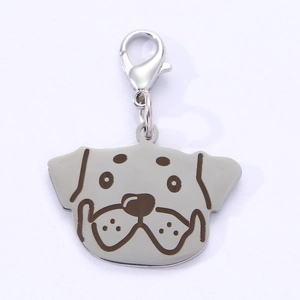 Stainless steel pet tag with cartoon dog portrait and silver lobster clasp