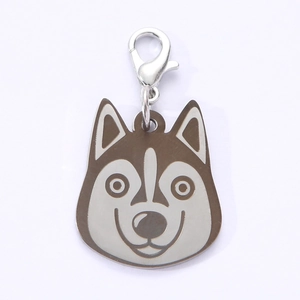 Husky dog tag pendant made of stainless steel with silver lobster clasp and brown accent