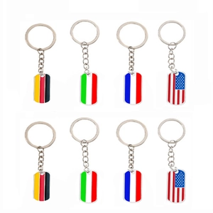 Set of 8 rectangular metal flag keychains featuring USA, Germany, Italy, and France designs